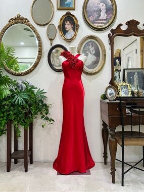 Blondie Nites Red Satin One-Shoulder Evening Gown with Rosette